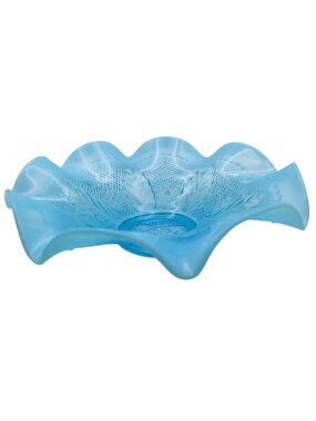 Northwood Glass Blue Opalescent Bowl Netted Roses Scalloped EAPG 1906 Antique